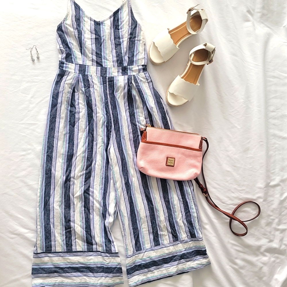 Stripe print capri-length jumpsuit with adjustable shoulder straps